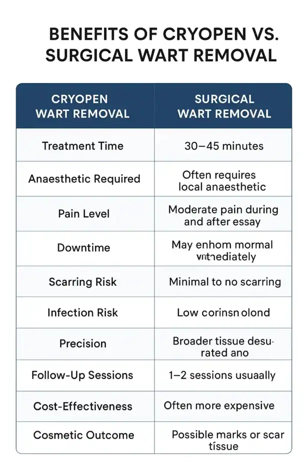 Table showing the benefits of cryopen to remove warts Camberley compared to surgical treatment